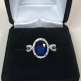 2ct Oval Cut Blue Sapphire Halo Split Band Engagement Ring 14k White Gold Finish