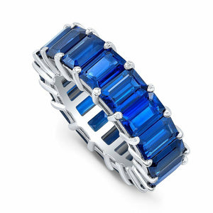 5.5Ct Emerald Cut Blue Sapphire Full Eternity Wedding Band 18K White Gold Finish