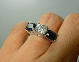 3.2ct Round Cut Diamond and Blue Sapphire Trilogy Ring 14k White Gold Finish