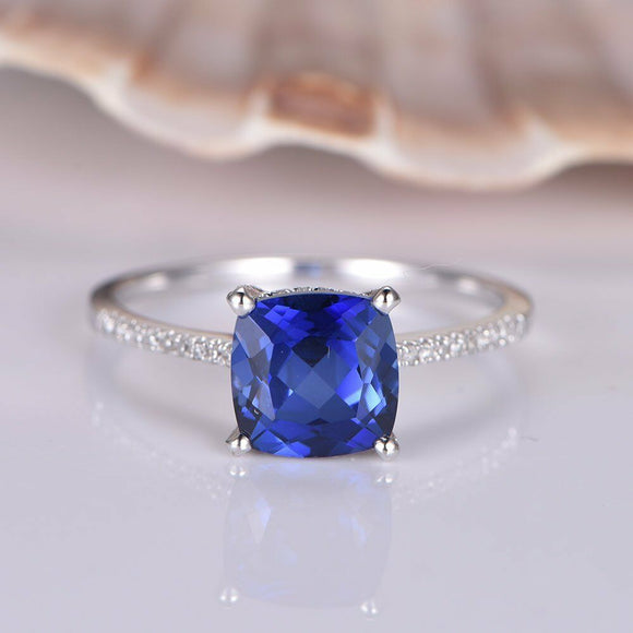 1ct Cushion Cut Blue Sapphire Solitaire Engagement Ring 14k White Gold Finish