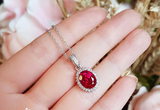 3ct Oval Cut Pink Ruby Pendant with Chain Halo Cluster 14k White Gold Finish