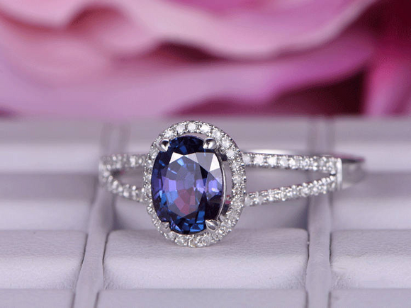 2.5ct Oval Cut Blue Sapphire Engagement Ring Halo Split Shank 14k WhiteGold Over