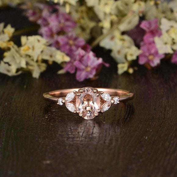 2ct Oval Cut Morganite Leaf Marquise Accent Engagement Ring 14k Rose Gold Finish