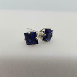 1ct Stud Earrings Princess Cut Blue Sapphire Solitaire 14k White Gold Finish