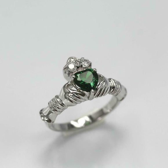 1ct Heart Cut Green Emerald Engagement Ring Diamond Claddagh 14k White Gold Over