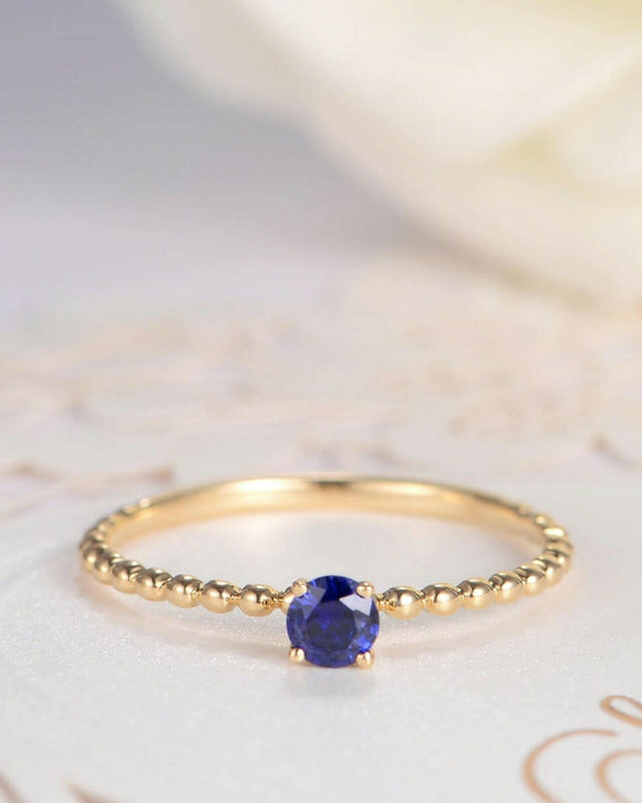 0.5ct Round Cut Blue Sapphire Beaded Ball Solitaire Ring 14k Yellow Gold Finish