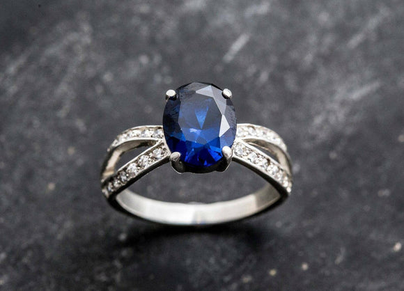 1.6ct Engagement Ring Oval Cut Blue Sapphire Split Shank 14k White Gold Finish