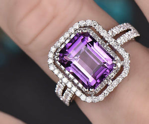 2.5Ct Emerald Cut Purple Amethyst Dual Halo Engagement Ring 14K White Gold Over