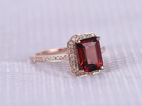 2.3ct Emerald Cut Red Garnet Engagement Ring Diamond Halo 14k Rose Gold Finish