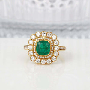 2.5ct Cushion Cut Green Emerald Dual Halo Milgrain Ring 14k Yellow Gold Finish