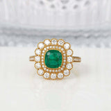 2.5ct Cushion Cut Green Emerald Dual Halo Milgrain Ring 14k Yellow Gold Finish