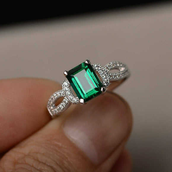 2ct Emerald Cut Green Emerald Engagement Ring 14k White Gold Finish Split Band