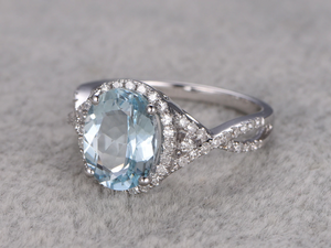 2.5ct Oval Cut Blue Aquamarine Halo Diamond Accents Ring 14k White Gold Finish