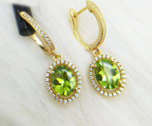 2.1ct Drop Earrings Oval Cut Green Peridot Diamond Halo 14k Yellow Gold Finish