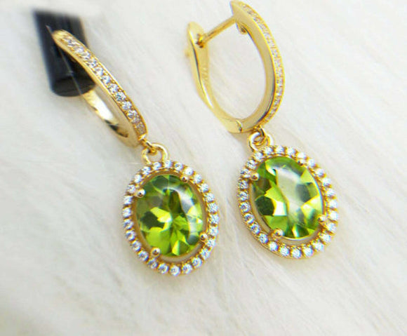 2.1ct Drop Earrings Oval Cut Green Peridot Diamond Halo 14k Yellow Gold Finish