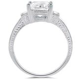 2.8ct Emerald Cut Diamond Engagement Ring Unique Trilogy 14k White Gold Finish