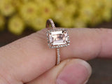 1.2ct Emerald Cut Peach Morganite Engagement Ring 14k RoseGold Finish Halo Women