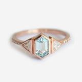 1ct Hexagon Cut Blue Aquamarine Three Stone Engagement Ring 14k Rose Gold Finish