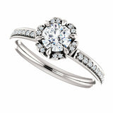 1ct Round Cut Diamond Floral Solitaire Engagement Ring 14k White Gold Finish