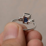 1.2ct Emerald Cut Blue Sapphire Engagement Ring 14k White Gold Finish Trilogy