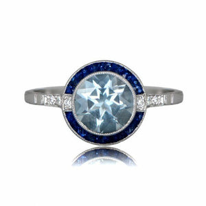 2ct Round Blue Aquamarine Sapphire Art Deco Engagement Ring 14k White Gold Over