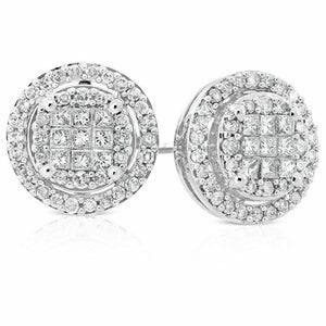 1ct Round Princess Cut Diamond Halo Women Stud Earrings 14k White Gold Finish