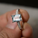 1ct Emerald Cut Blue Aquamarine Engagement Ring 18k White Gold Finish Solitaire