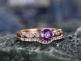 1.5Ct Round Cut Purple Amethyst Minimalist Bridal Set Ring 14K Rose Gold Finish