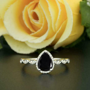 1.2ct Pear Cut Black Diamond Engagement Ring 14k WhiteGold Finish Halo Solitaire