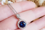 2ct Round Cut Blue Sapphire Halo Solitaire Pendant Chain 14k White Gold Finish