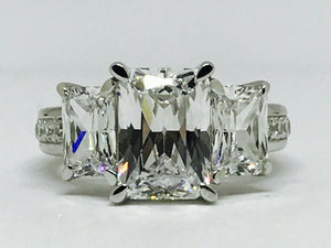 4Ct Emerald Cut Diamond Three Stone Ring 14K White Gold Finish with Round Accent