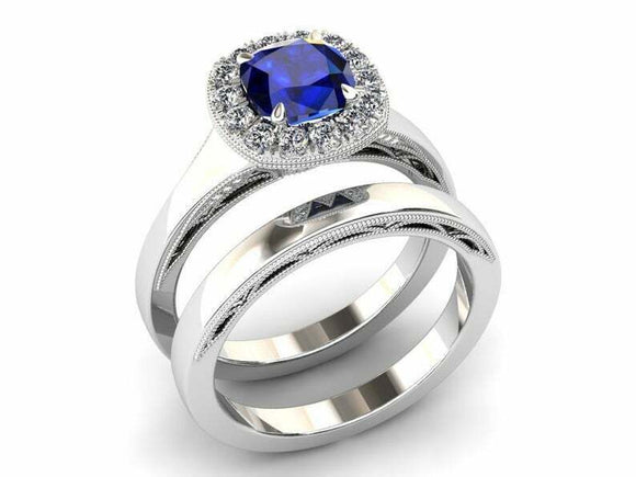 2ct Cushion Cut Blue Sapphire Engagement Ring Halo Bridal Set 14k WhiteGold Over