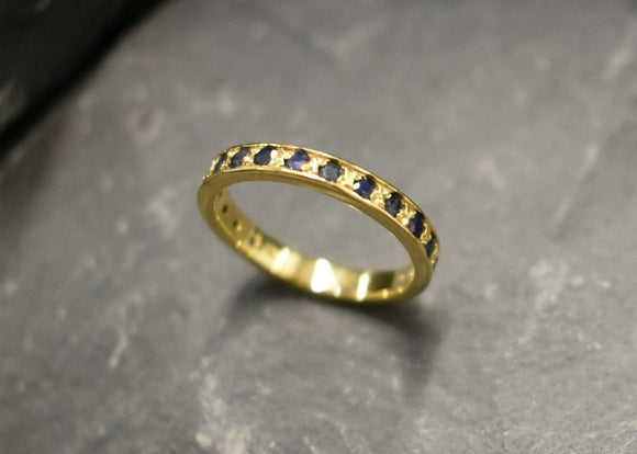 1ct Wedding Band Round Cut Blue Sapphire Stackable Eternity 14k Yellow Gold Over