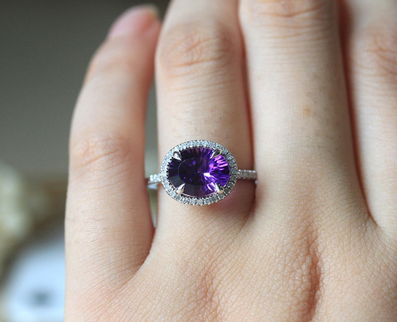 2ct Oval Cut Purple Amethyst Engagement Ring 14k WhiteGold Finish Halo Solitaire