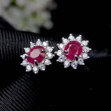 2.5ct Oval Cut Pink Ruby Halo Floral Design Stud Earrings 14k White Gold Finish