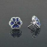 2.1ct Stud Earrings Pear Cut Blue Sapphire Diamond Floral 14k White Gold Finish