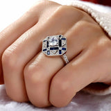 3Ct Round Cut Diamond Blue Sapphire Engagement Art Deco Ring 14K White Gold Over