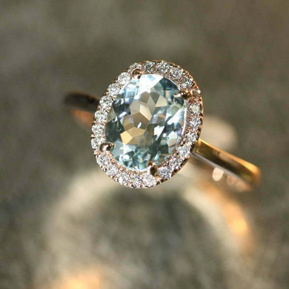 2ct Oval Cut Blue Aquamarine Engagement Ring Diamond Halo 14k Yellow Gold Finish