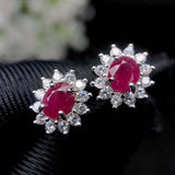 2.5ct Oval Cut Pink Ruby Halo Floral Design Stud Earrings 14k White Gold Finish