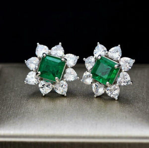 2.5ct Stud Earrings Princess Cut Green Emerald Diamond Floral 14k WhiteGold Over