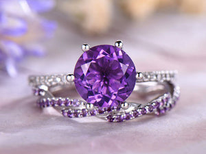 2ct Round Cut Purple Amethyst Bridal Set Engagement Ring 14k White Gold Finish