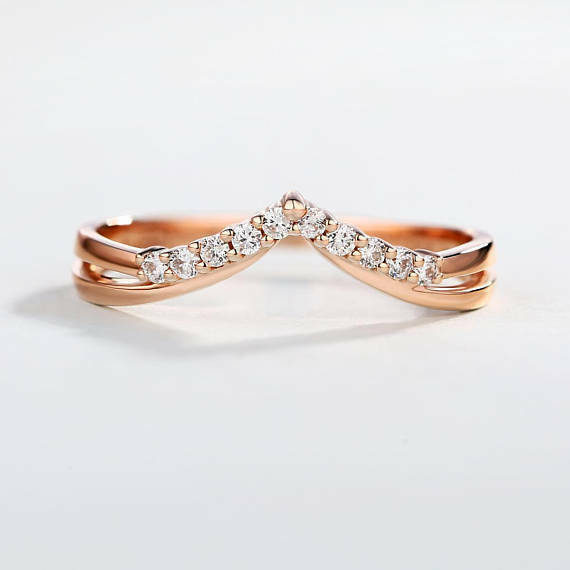 1ct Round Cut Diamond Engagement Ring V Shaped Petite Curved 14k Rose Gold Over