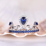 1.6ct Pear Cut Blue Sapphire Crown Design Engagement Ring 14k White Gold Finish