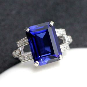 3ct Emerald Cut Blue Sapphire Open Split Band Solitaire Ring 14k White Gold Over