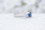 1ct Round Blue Sapphire Engagement Ring Leaf Vintage Milgrain 14k WhiteGold Over