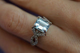 1.5ct Emerald Cut Blue Aquamarine Infinity Engagement Ring 14k White Gold Finish