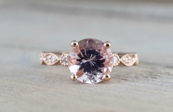 1.5ct Round Cut Peach Morganite Engagement Ring 14k RoseGold Over Diamond Accent