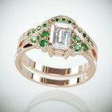 3Ct Emerald Cut Diamond Green Emerald Accent Band Bridal Set 14K Rose Gold Over