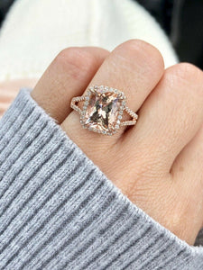 2.3ct Cushion Cut Morganite Engagement Ring Halo Split Shank 14k RoseGold Finish