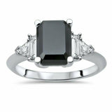 4Ct Emerald Cut Black Diamond Accent Unique Solitaire Ring 14K White Gold Finish